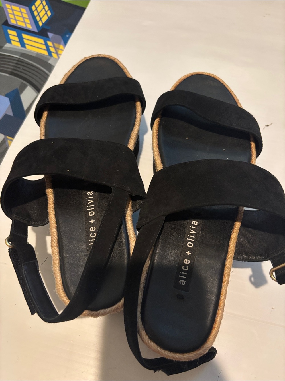 Alice + Olivia Black Suede Rope-Trim Slingback Sandals Size 39.5